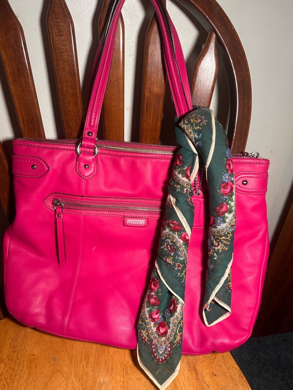 Coach Women's Hot Pink Leather Tote Bag with Scarf Accent wallet as well